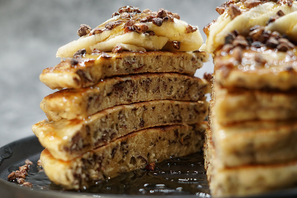 Banana Pancakes with Cacao Flakes and Cacao Nibs Praline
