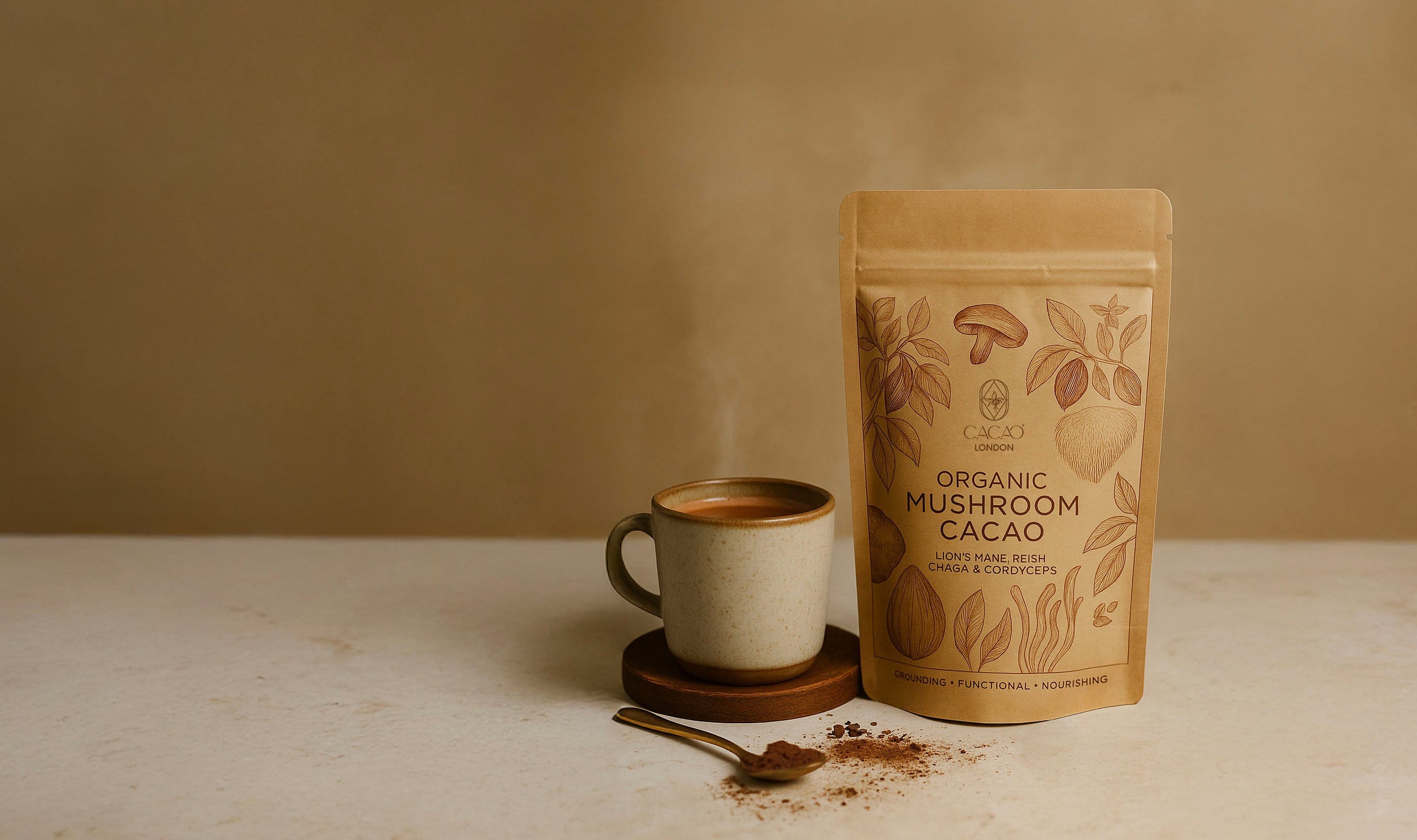 Bag of organic mushroom cacao with a steaming cup on a beige background