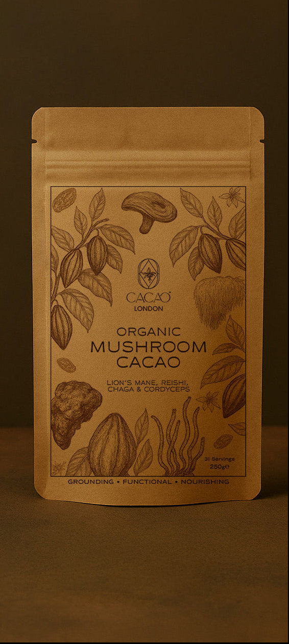 Brown package of organic mushroom cacao on a brown background